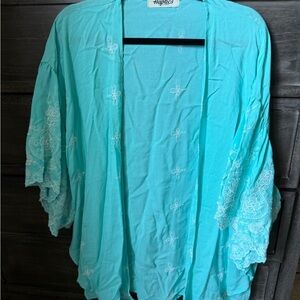 Haptics Turquoise Kimono with Lace Accents